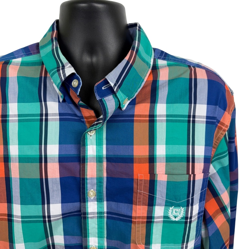 Chaps Ralph Lauren Mens XL Long Sleeve Plaid Button Down Shirt Blue Stretch Logo